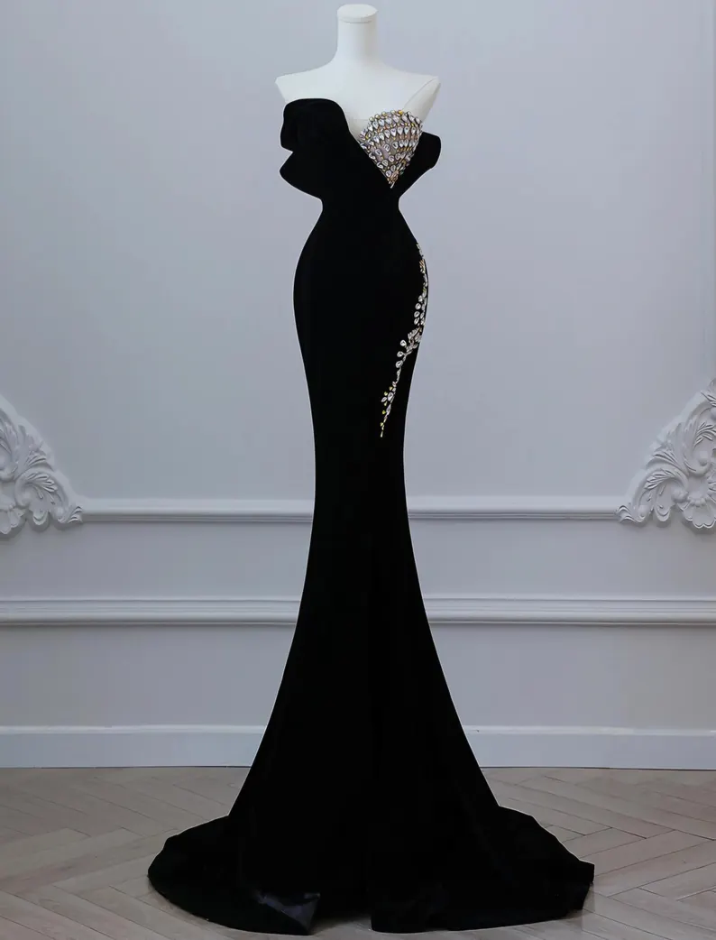 Black Velvet Beaded Prom Dress Formal Mermaid Evening Dress