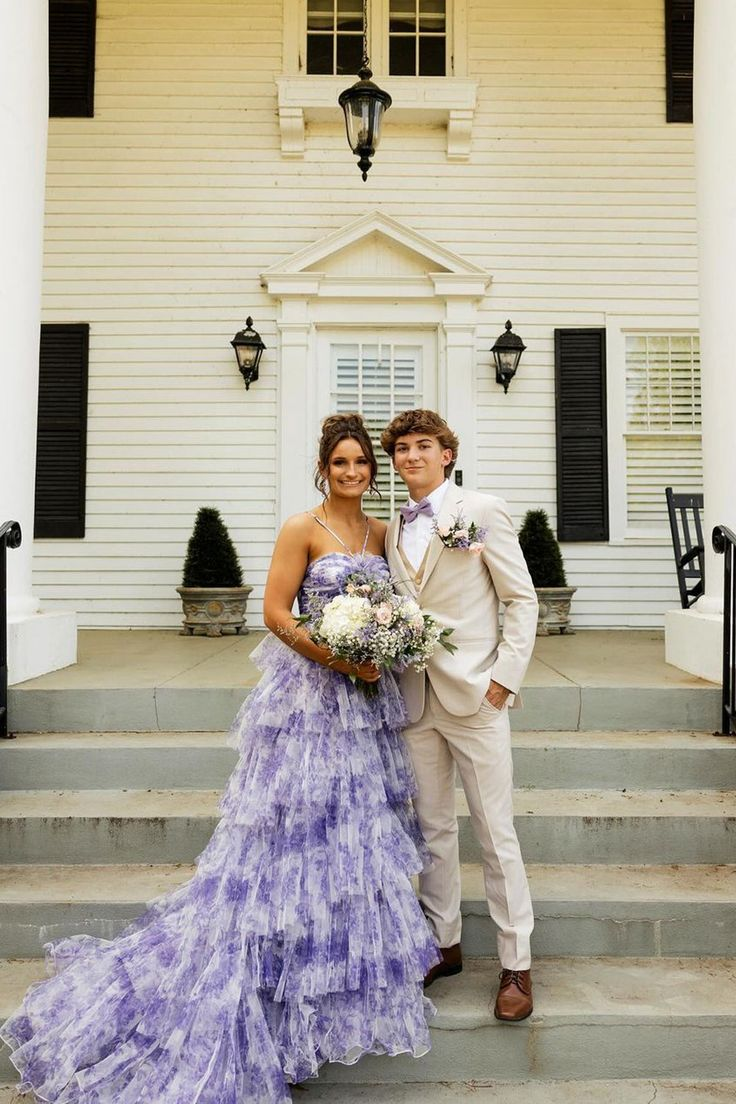 Sweet Ball Gown Straps Lavender Floral Printed Tulle Long Prom Dress