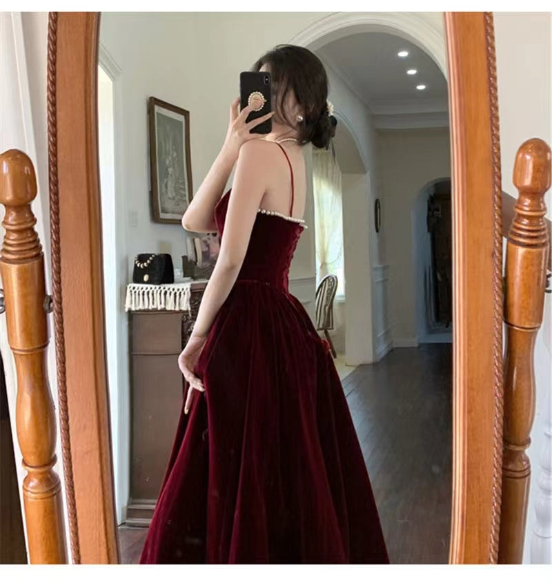 Spaghetti Straps Burgundy Velvet Prom Dress Simple Prom Dress Party Dress