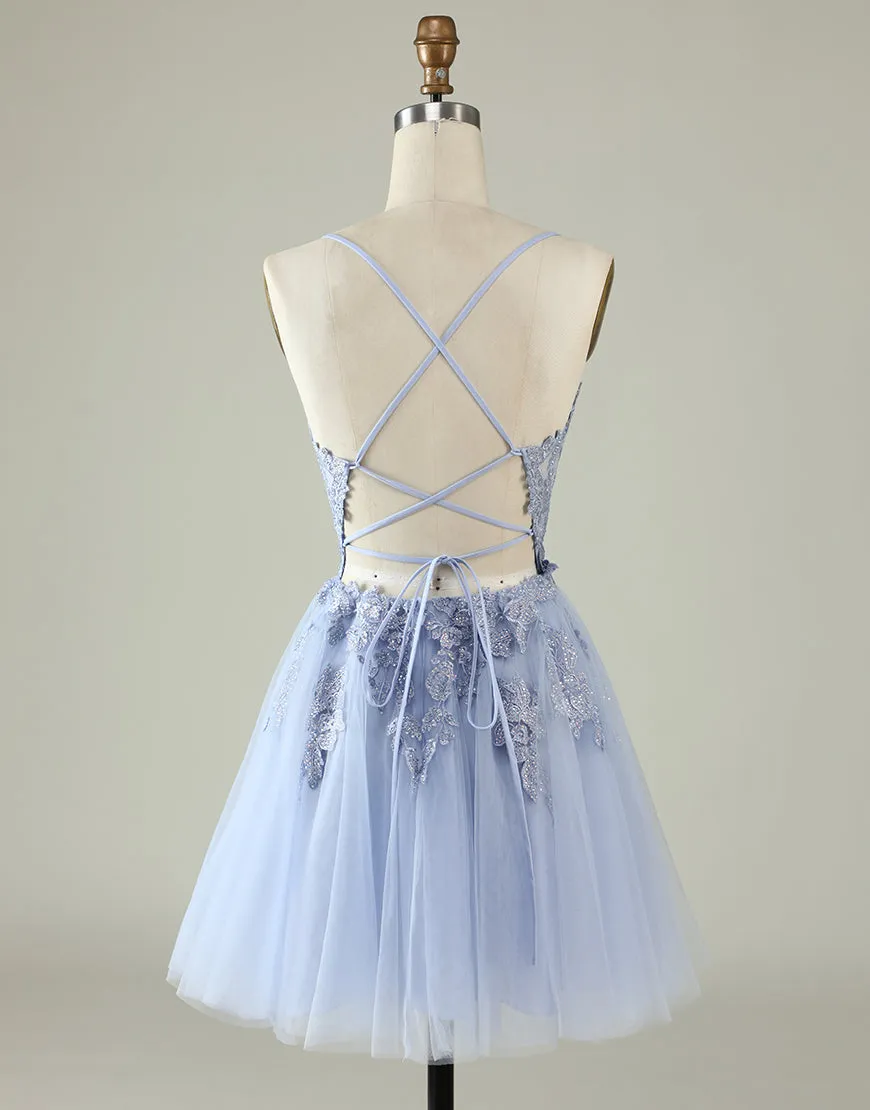 Spaghetti Straps Tulle Appliques Short Backless Prom Dress Party Dress