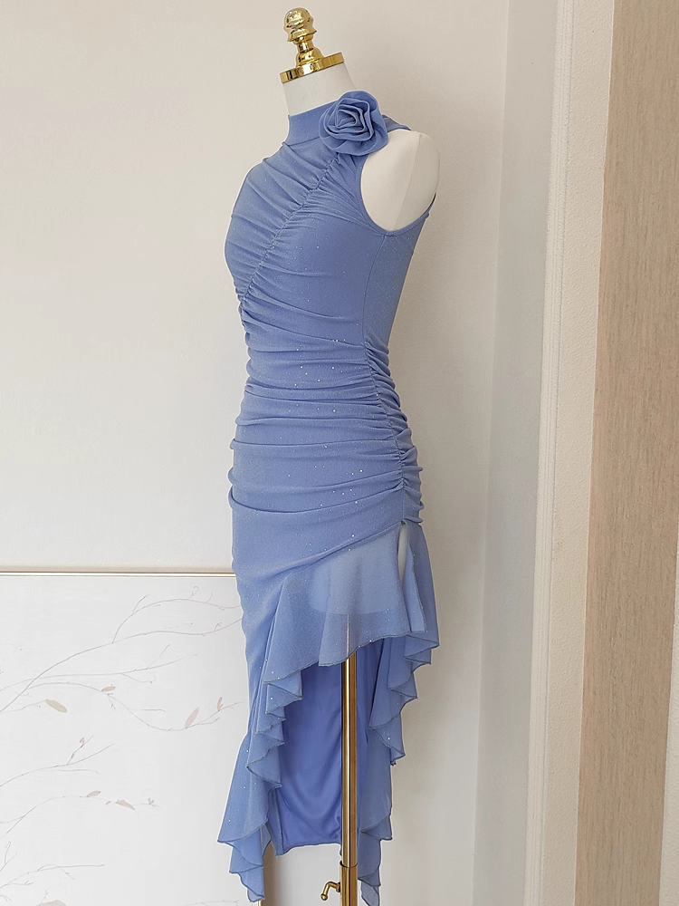 Sexy Sheath High Neckline Blue Ruffles Vacation Dresses Short Birthday Outfits