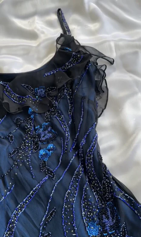 Charmong Navy Blue Chiffon Beaded Long Prom Dress Formal Party Dress