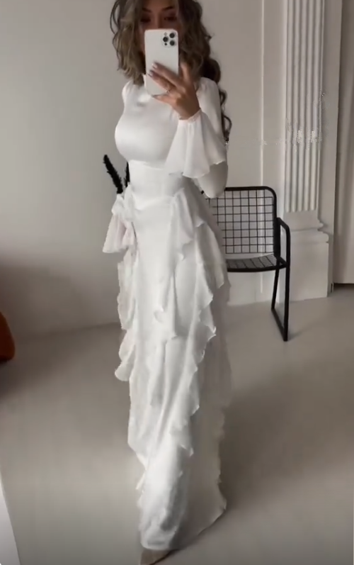 Flowing Long Sleeves A Line Ruffled Evening Dress Elegant Party Dress