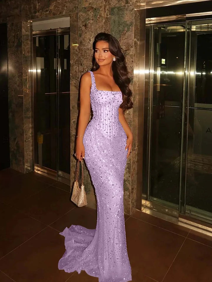 Luxurious Champagne Gold Mermaid Square Neck Sequined Prom Dress Evening Dress