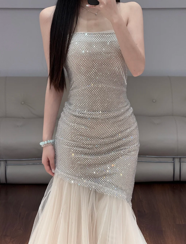 Sleeveless Silver Prom Party Dress Mermaid Evening Dress