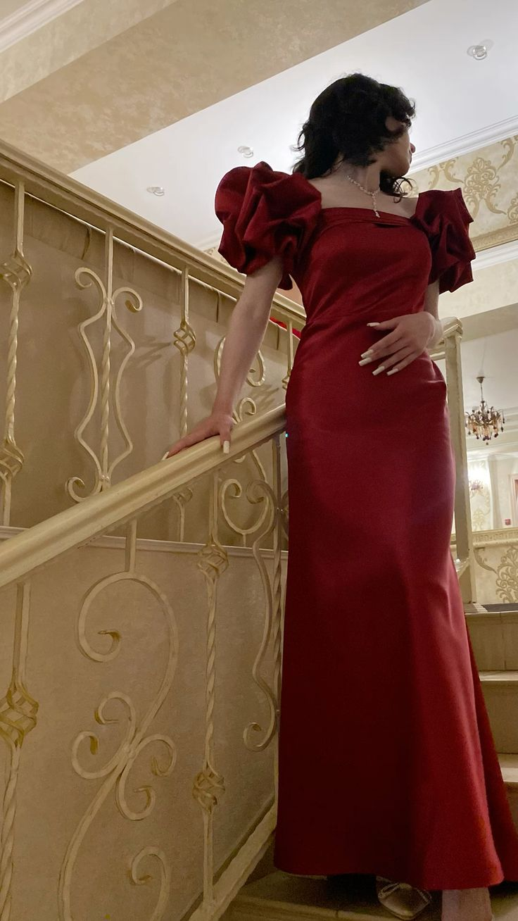 Red Satin Mermaid Prom Dress Puff Sleeves Party Evening Dress