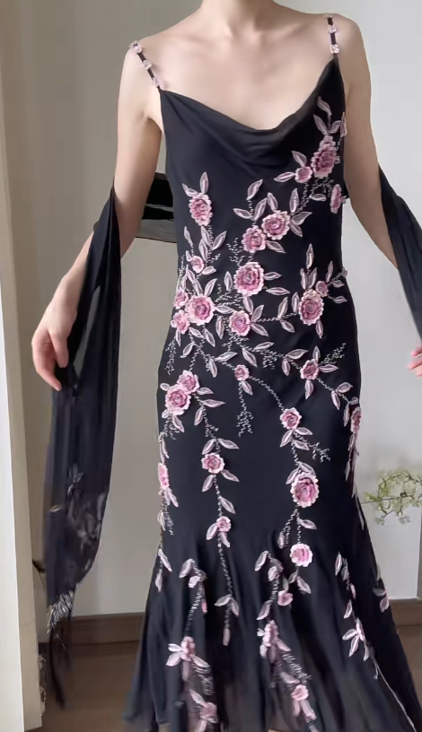 Chiffon Black Prom Party Dress With 3D Flowers Vintage Flora Evening Dress