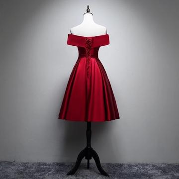 Sexy Tea Length Sweet Red Satin Homecoming Dress Off Shoulder Short Party Dress