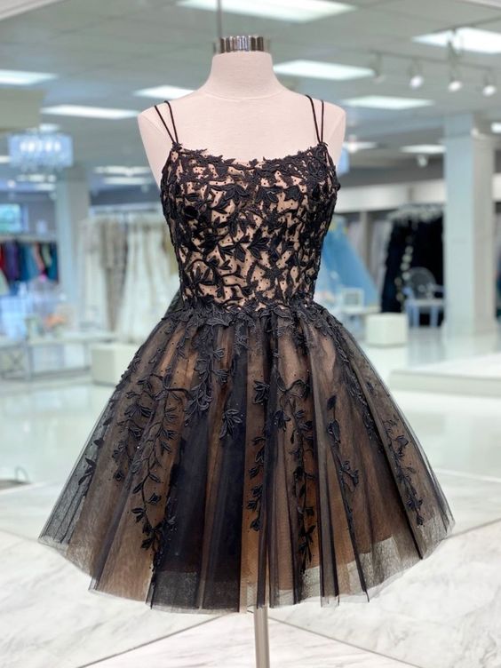 cocktail black lace applique short spaghetti strap beaded tulle cheap homecoming dresses