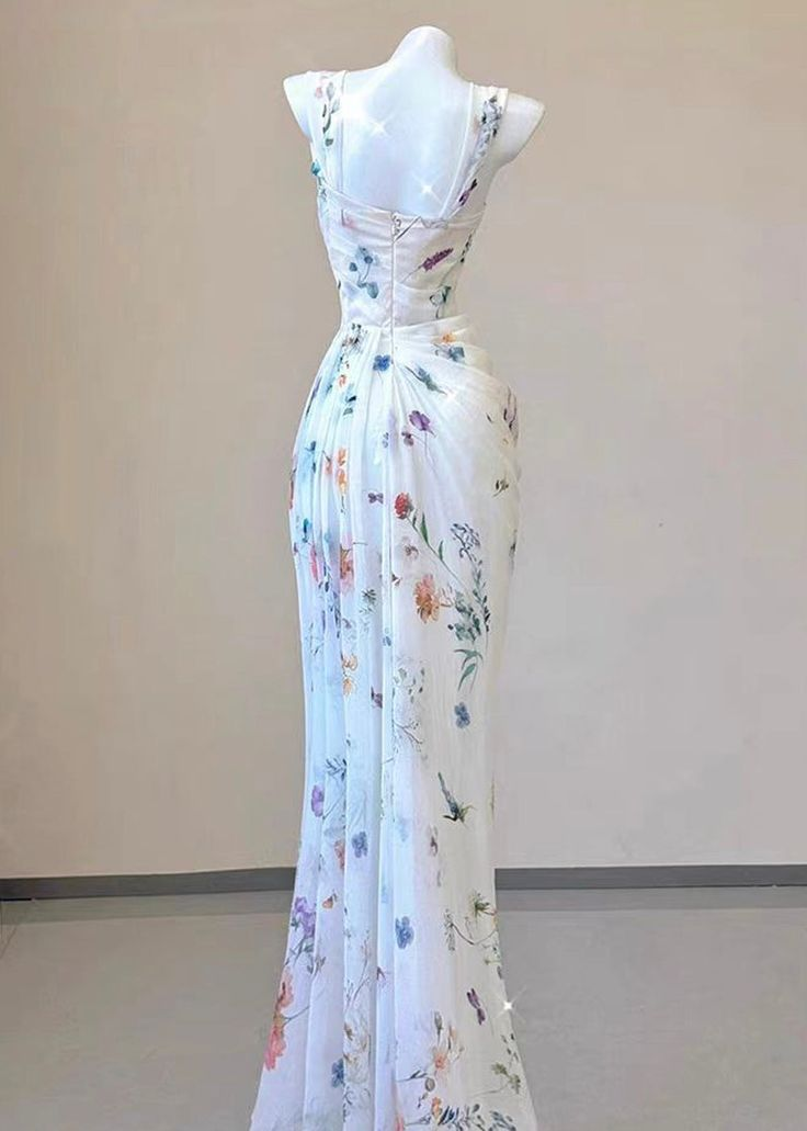 Fairy Chiffon Print Long Mermaid Pleated Evening Dress White Formal Prom Dress