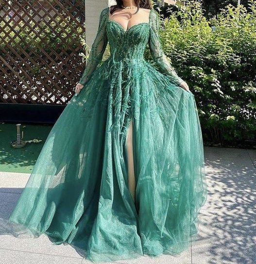 Luxurious Blue Slit Long Party Dress Evening Dress With Feathers