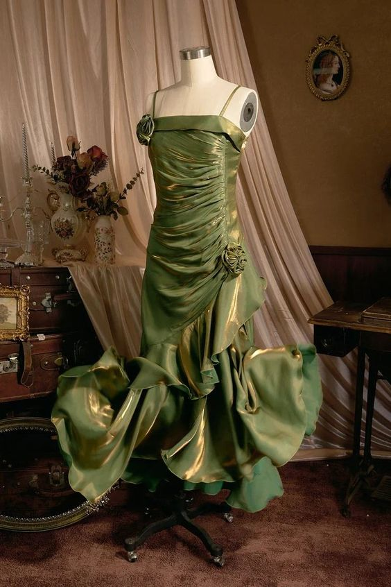Elegant Mermaid Ruffles Spaghetti Straps Prom Dress With Flower,Formal Party Evening Dress