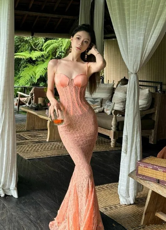 Pretty Spaghetti Straps Lace Mermaid Evening Dress Long Party Prom Dress