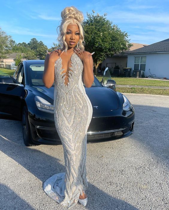Mermaid Silver Luxurious Beaded Prom Dress Charming Prom Dress