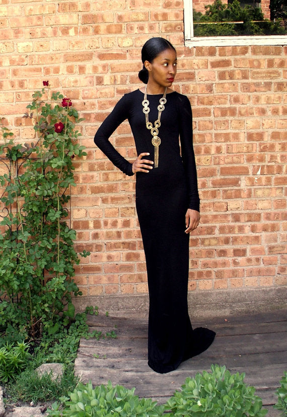 Black Backless Full Length Gown, Black Prom Dress, Black Formal Dress, Long Sleeves Prom Gown, Black Evening Dress