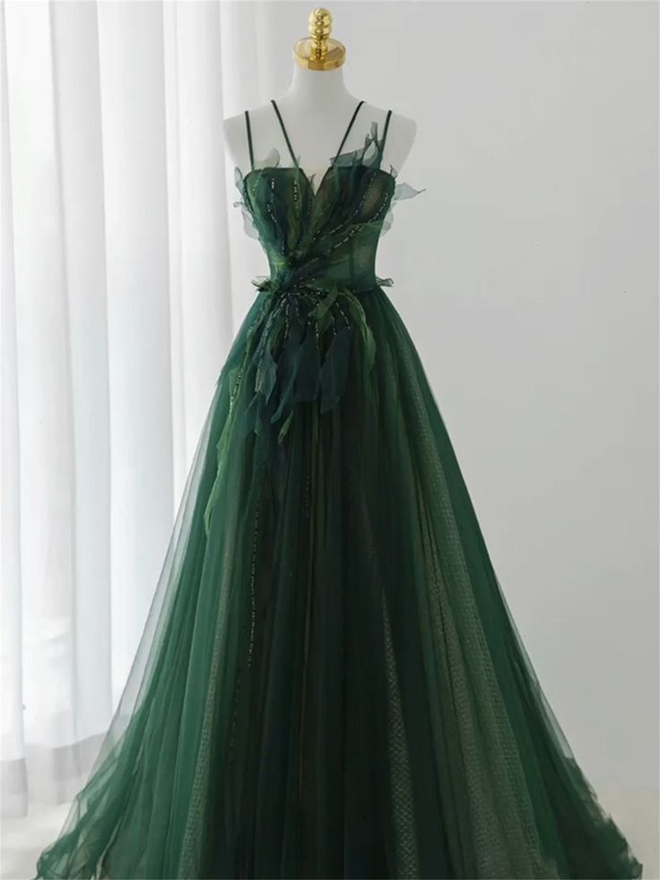 Ball Gown Spaghetti Straps Floor Length Dark Green Long Prom Dresses