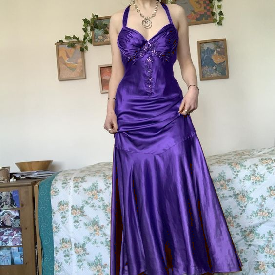 Halter A Line Satin Long Prom Dress Vintage Formal Party Dress