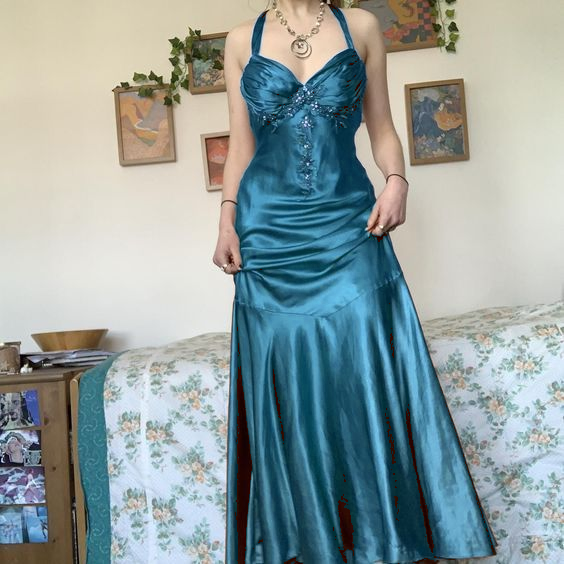 Halter A Line Satin Long Prom Dress Vintage Formal Party Dress