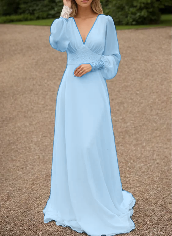 Ivory lace wedding dress, long-sleeve button back long train gown lace & chiffon Wedding Dresses