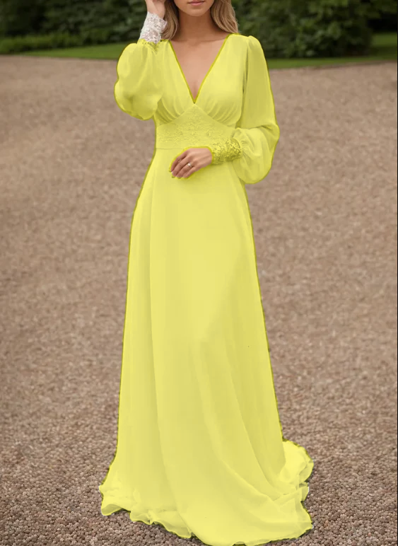 Ivory lace wedding dress, long-sleeve button back long train gown lace & chiffon Wedding Dresses