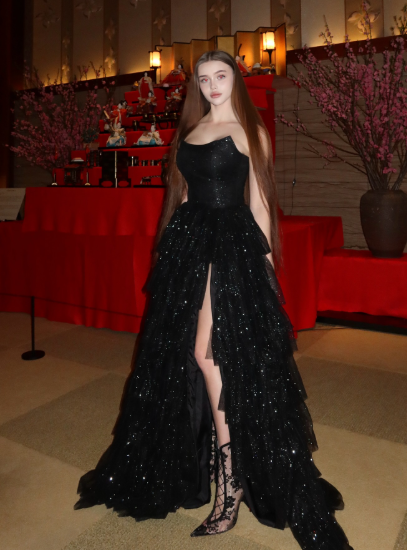 Multi-layer Shiny Elegant Dresses for Women,Luxury Party Dress,Black Prom Dress