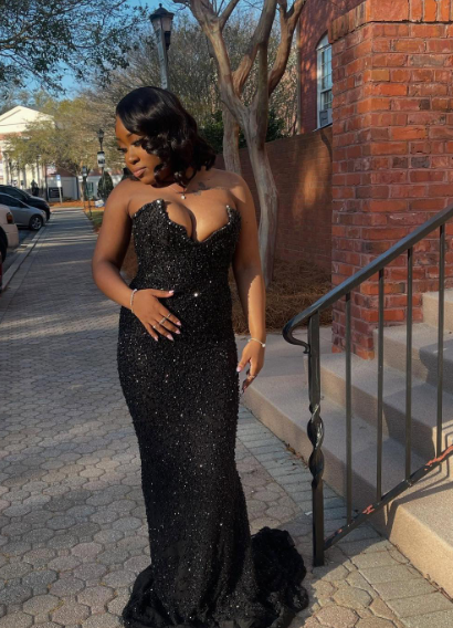 Black Strapless Mermaid Long Prom Dress Evening Gown