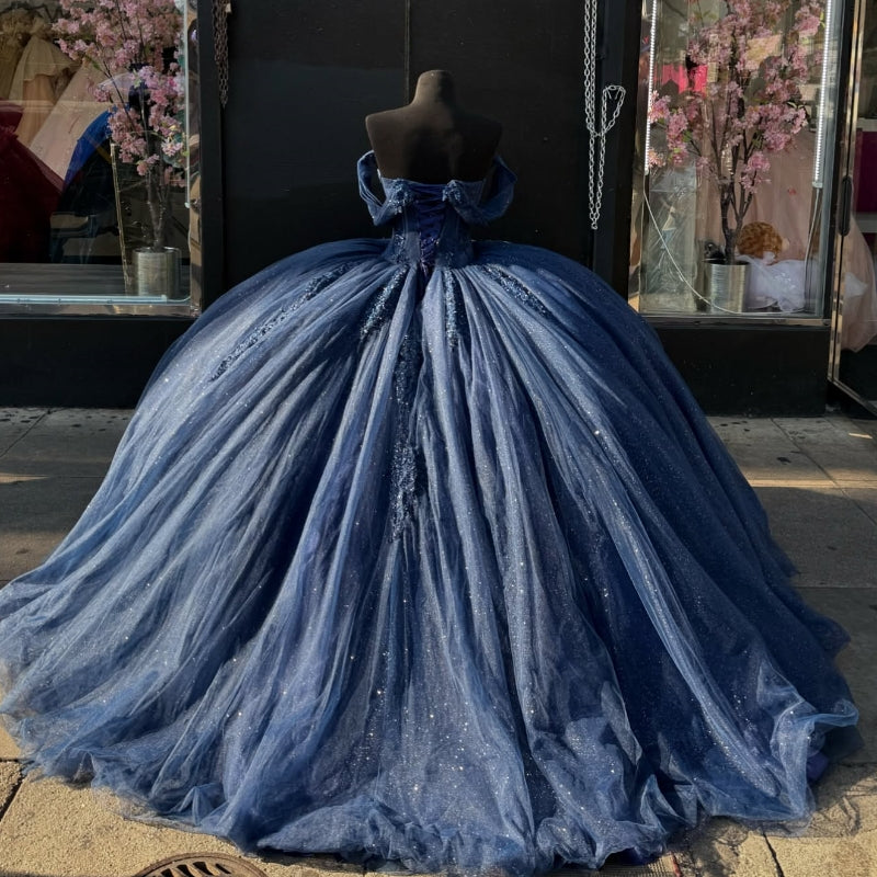 Sweet 16 Birthday Party Dresses Navy Blue Off-Shoulder Lace Appliqued Tulle Ball Gown for Birthday Celebration Sweet 15 Mexican Dresses