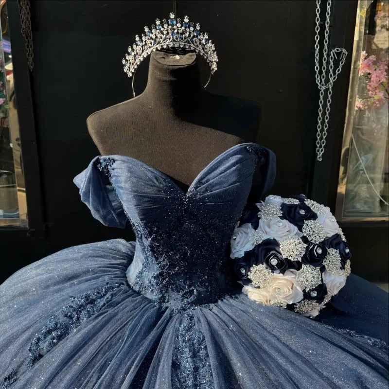 Sweet 16 Birthday Party Dresses Navy Blue Off-Shoulder Lace Appliqued Tulle Ball Gown for Birthday Celebration Sweet 15 Mexican Dresses