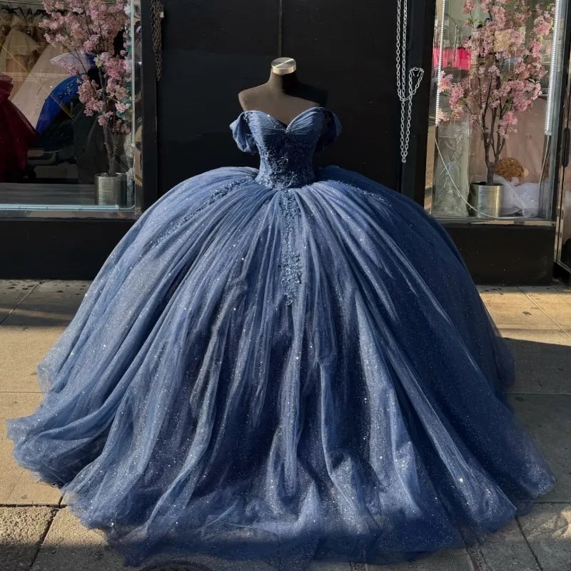 Sweet 16 Birthday Party Dresses Navy Blue Off-Shoulder Lace Appliqued Tulle Ball Gown for Birthday Celebration Sweet 15 Mexican Dresses