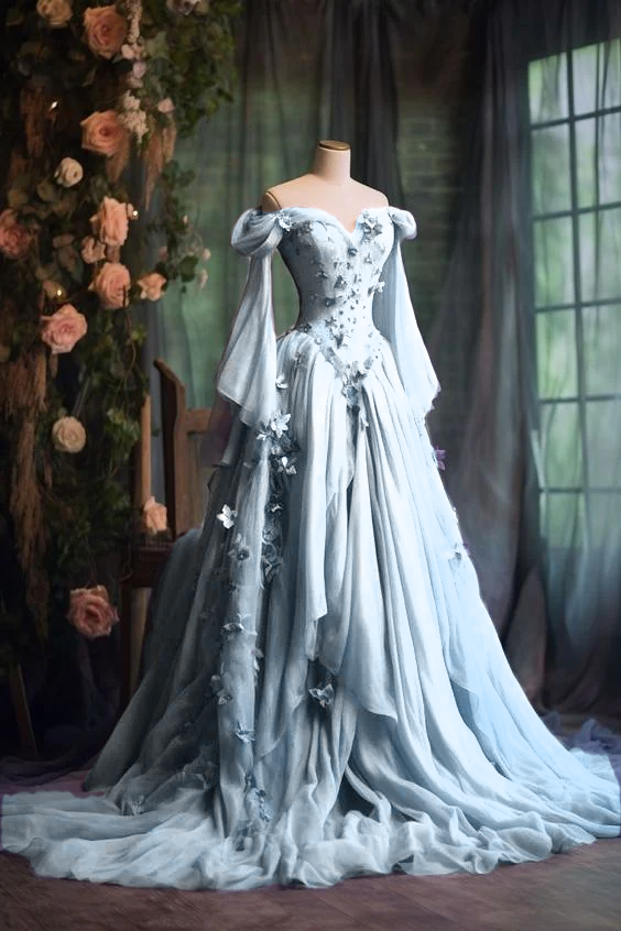 Purple Custom Dress Long Sleeve Floral Applique A-Line Long Evening Dress