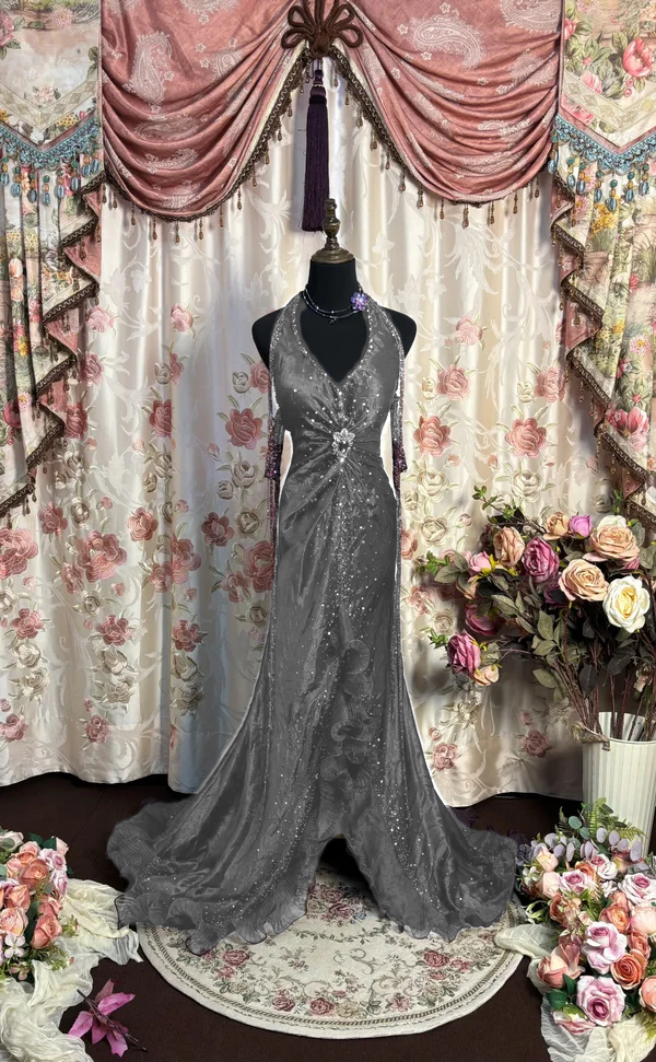 Grape Halter Prom Dresses Long Evening Party Dress