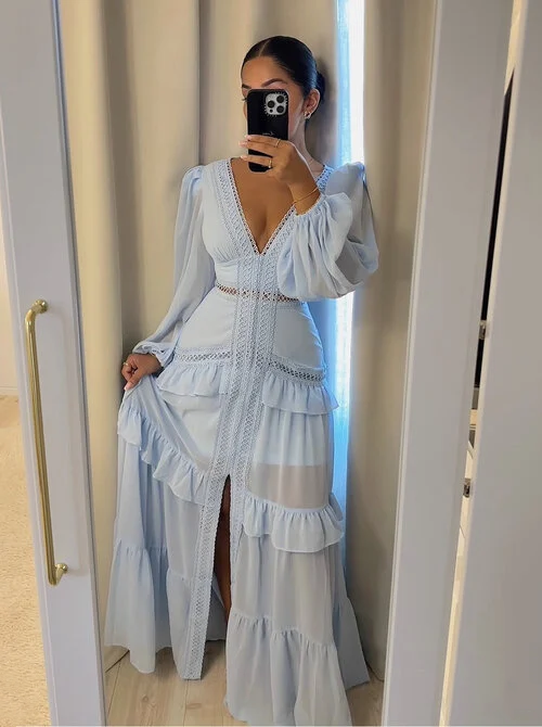 Blue Chiffon Long Prom Dresses Sexy Evening Dress
