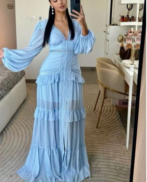 Blue Chiffon Long Prom Dresses Sexy Evening Dress