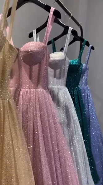 A Line Pink Spaghetti Straps Shinny Long Formal Dress Evening Party Dresses