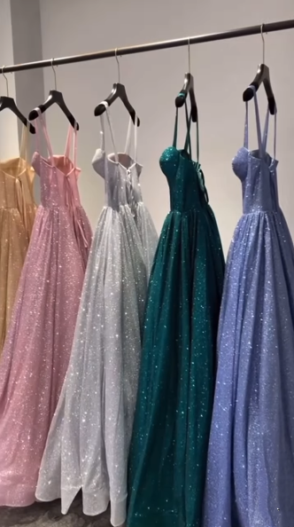 A Line Pink Spaghetti Straps Shinny Long Formal Dress Evening Party Dresses