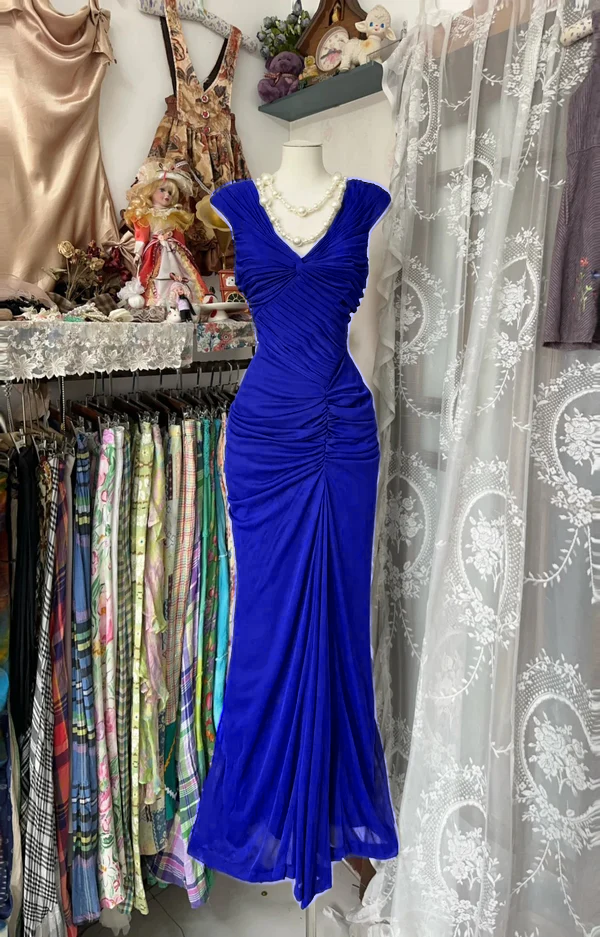 Navy Blue Mermaid Pleats Vintage Prom Dress Long Evening Dress