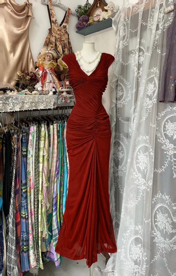 Navy Blue Mermaid Pleats Vintage Prom Dress Long Evening Dress