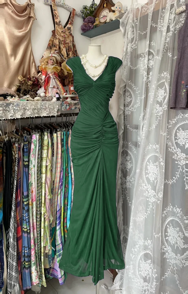 Navy Blue Mermaid Pleats Vintage Prom Dress Long Evening Dress