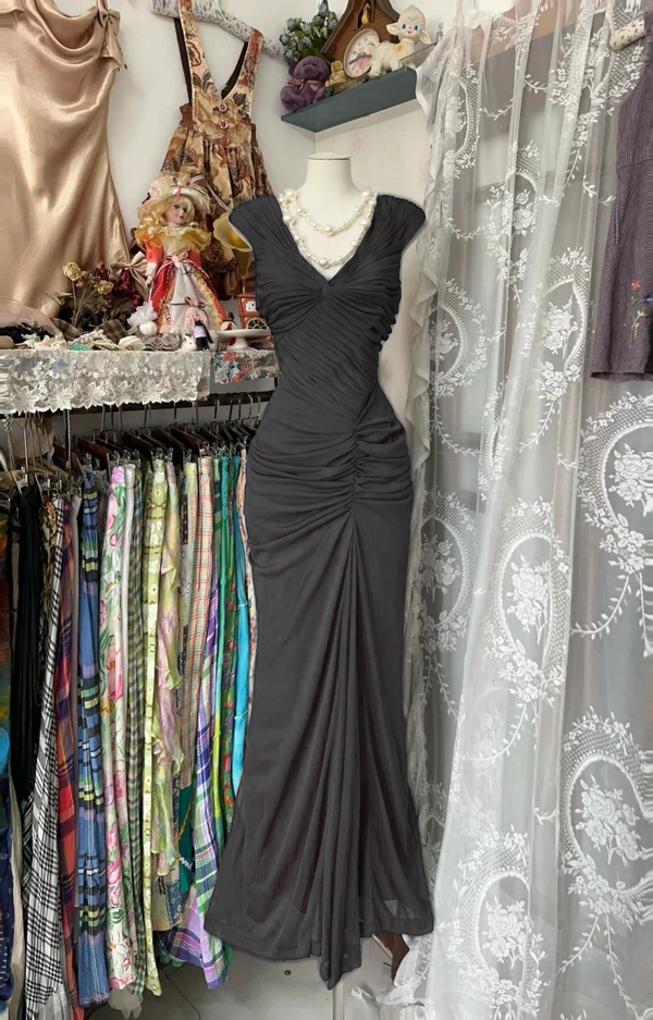 Navy Blue Mermaid Pleats Vintage Prom Dress Long Evening Dress
