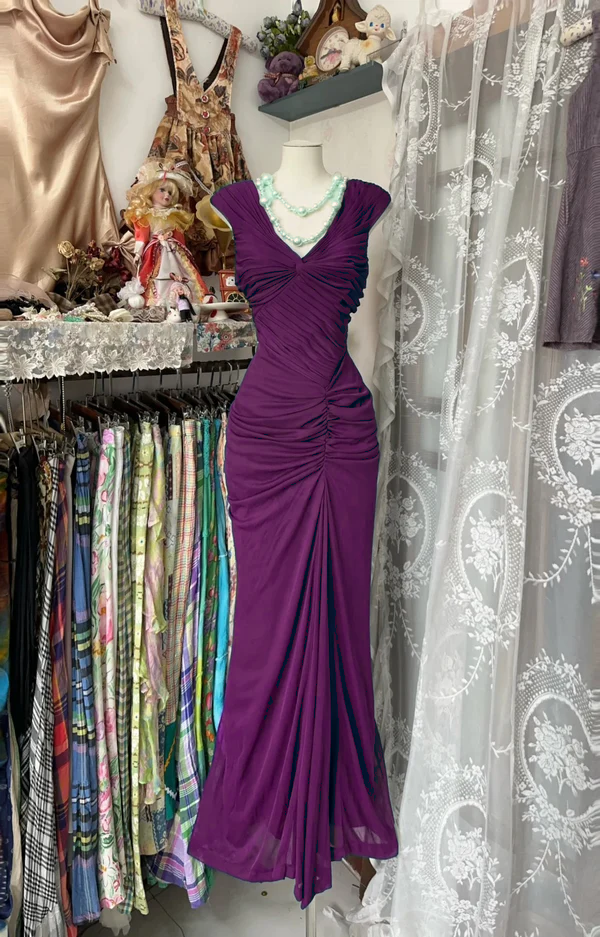 Navy Blue Mermaid Pleats Vintage Prom Dress Long Evening Dress