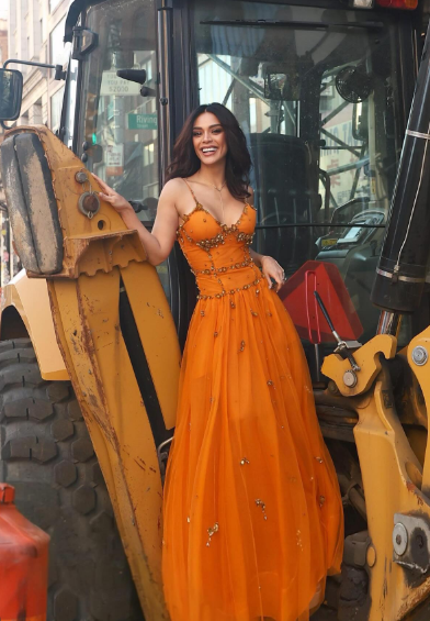 Beaded Orange Vintage Tulle Prom Dress 21st Birthday Outfit Evening Dress