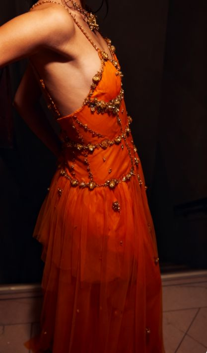 Beaded Orange Vintage Tulle Prom Dress 21st Birthday Outfit Evening Dress