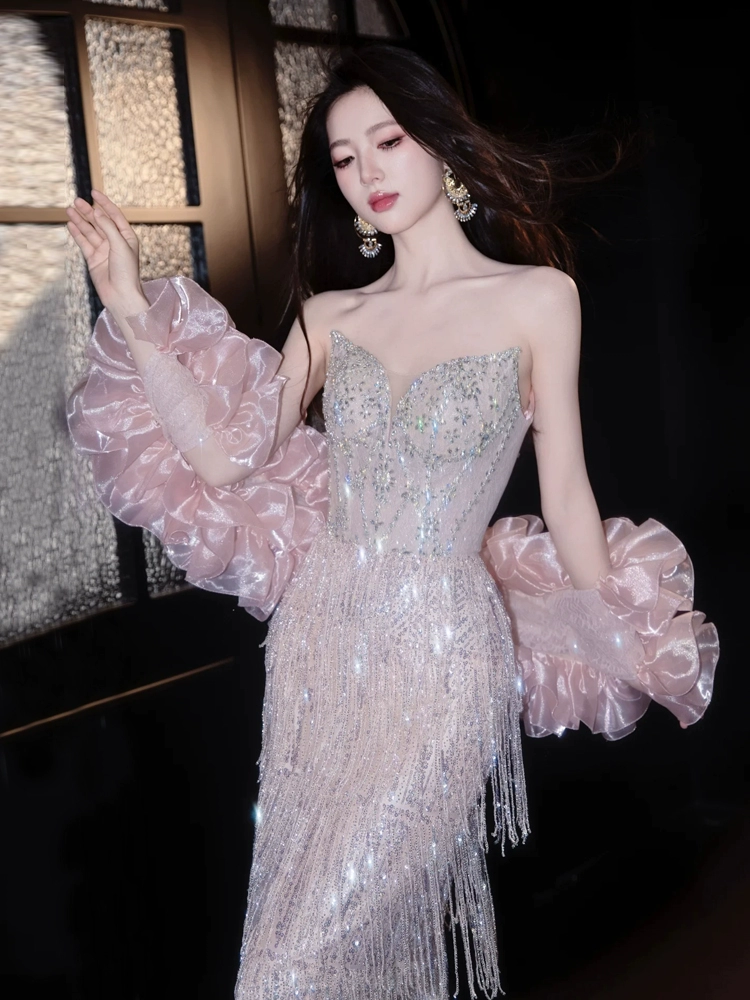 Shiny Tassel Luxurious Evening Dress Beaded Long Prom Dress Birthday Dress