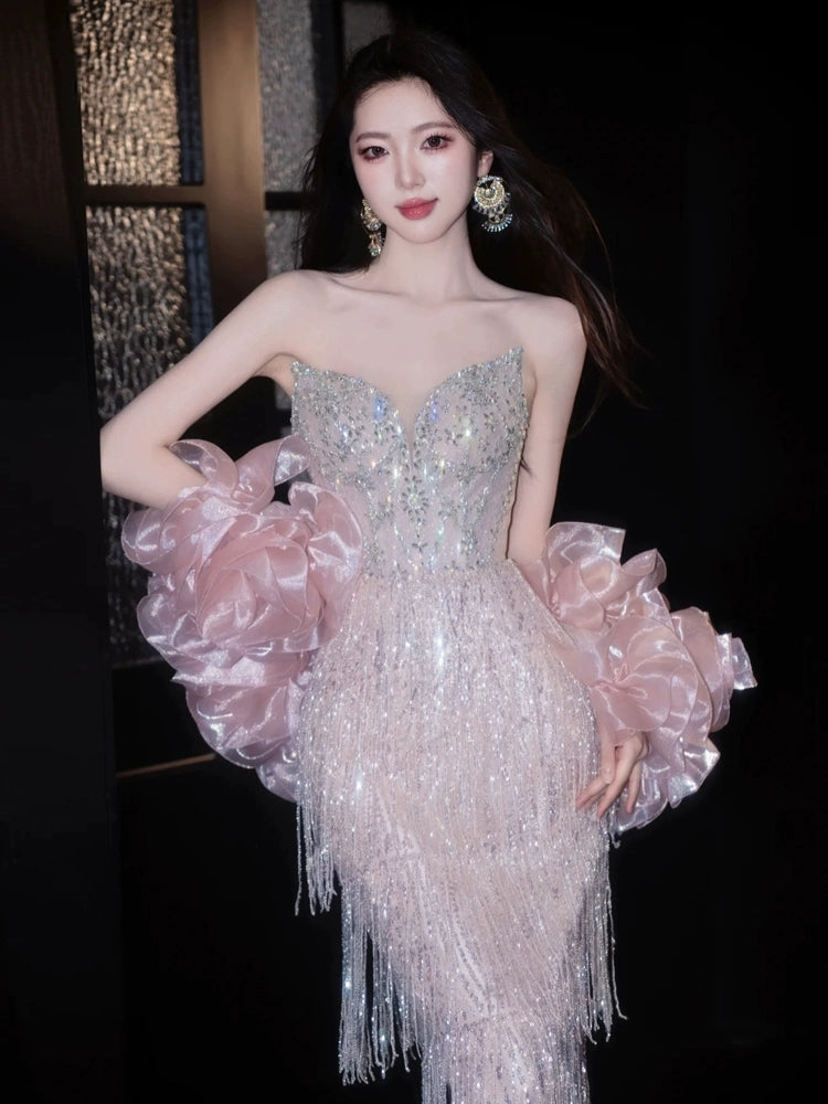 Shiny Tassel Luxurious Evening Dress Beaded Long Prom Dress Birthday Dress