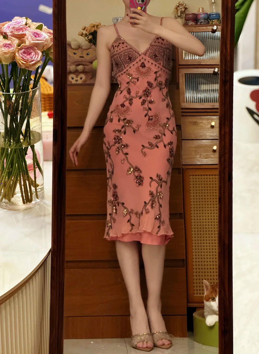 Beaded Vintage Midi Evening Dress Birthday Outfit Prom Dress