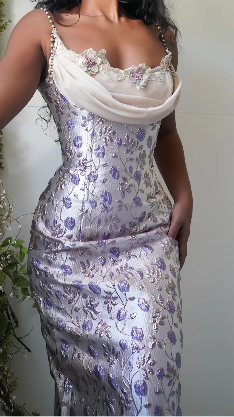 Purple Floral Sheath Beaded Prom Dresses Appliques Party Dress