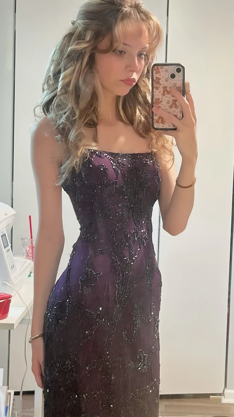 Purple Sheath Beaded Prom Dresses Long Slim Evening Party Dress