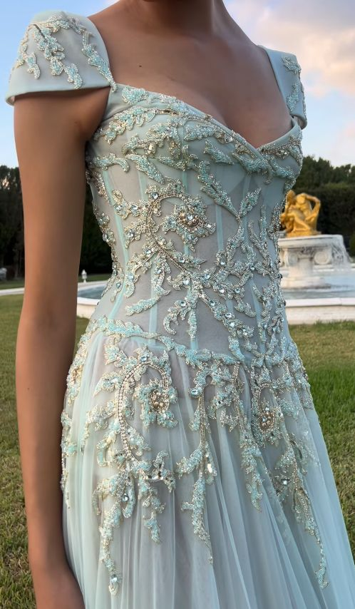 V Neck Tulle Beaded Prom Dress Classy Evening Dress Birthday Gown