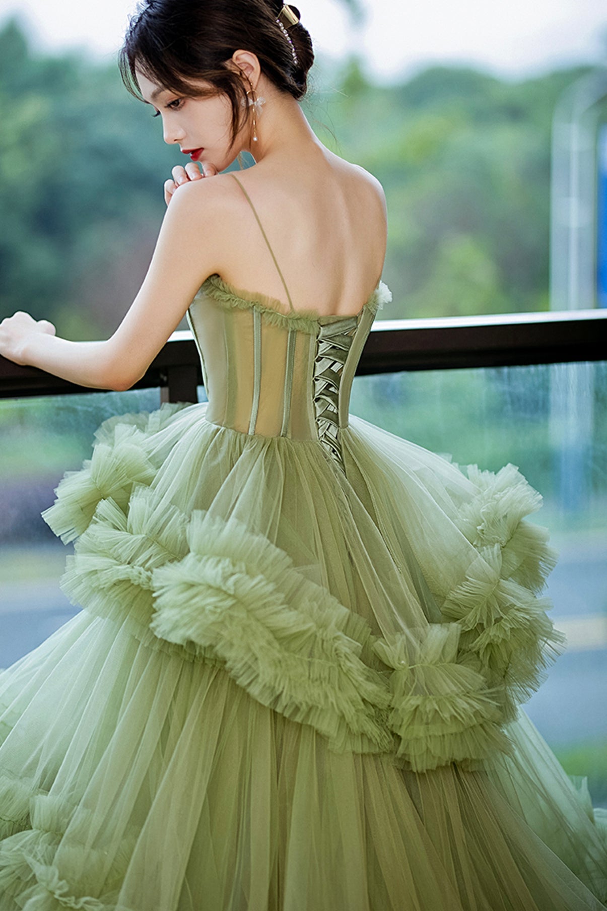 Green tulle long A line prom dress green evening dress