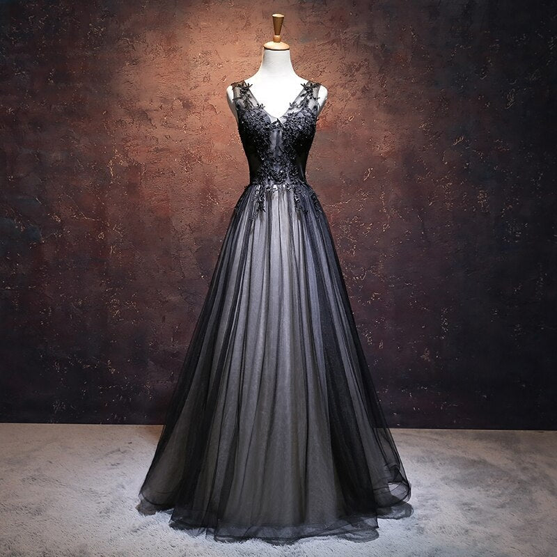 CHIC A-LINE V-NECK FLOOR LENGTH TULLE BLACK APPLIQUE LONG PROM DRESS EVENING DRESS